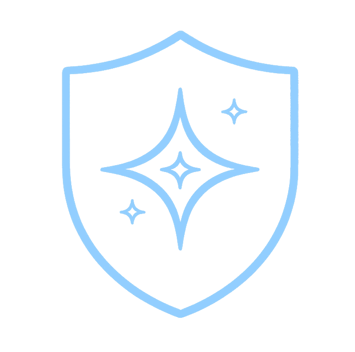 Light blue shield icon with sparkling stars, symbolising protection and cleanliness.