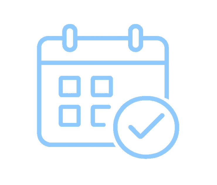 Blue icon of a calendar with a checkmark, symbolising scheduling or approval.