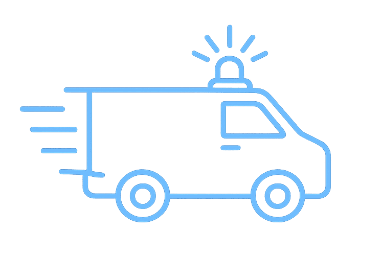 Blue outline of a delivery van with flashing siren on top, indicating emergency or urgent delivery.