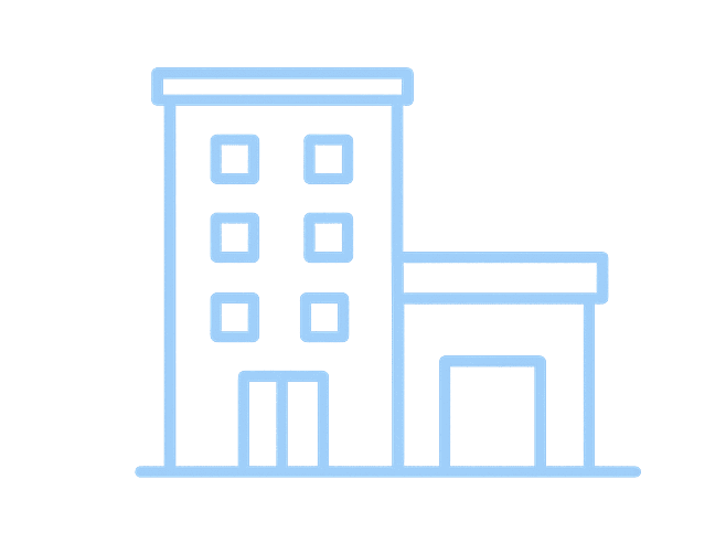 Line drawing of a multi-storey building with an attached garage in blue.